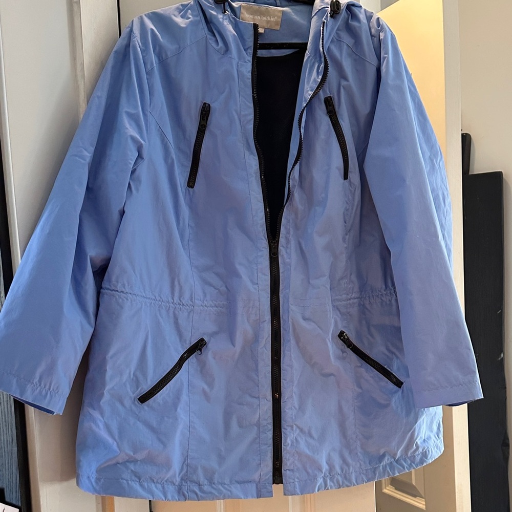 Woman Within 1X Women's Blue Hooded Jacket contrasting pockets
